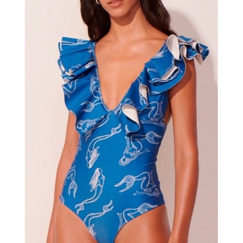 ANCORA Deep Soul Bolero One Piece Swimsuit Sz M Blue Mermaids Print Resortwear